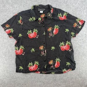 Vintage Black Pineapple Palm Tree Tropical Button Down Robert Louis Shirt Womens